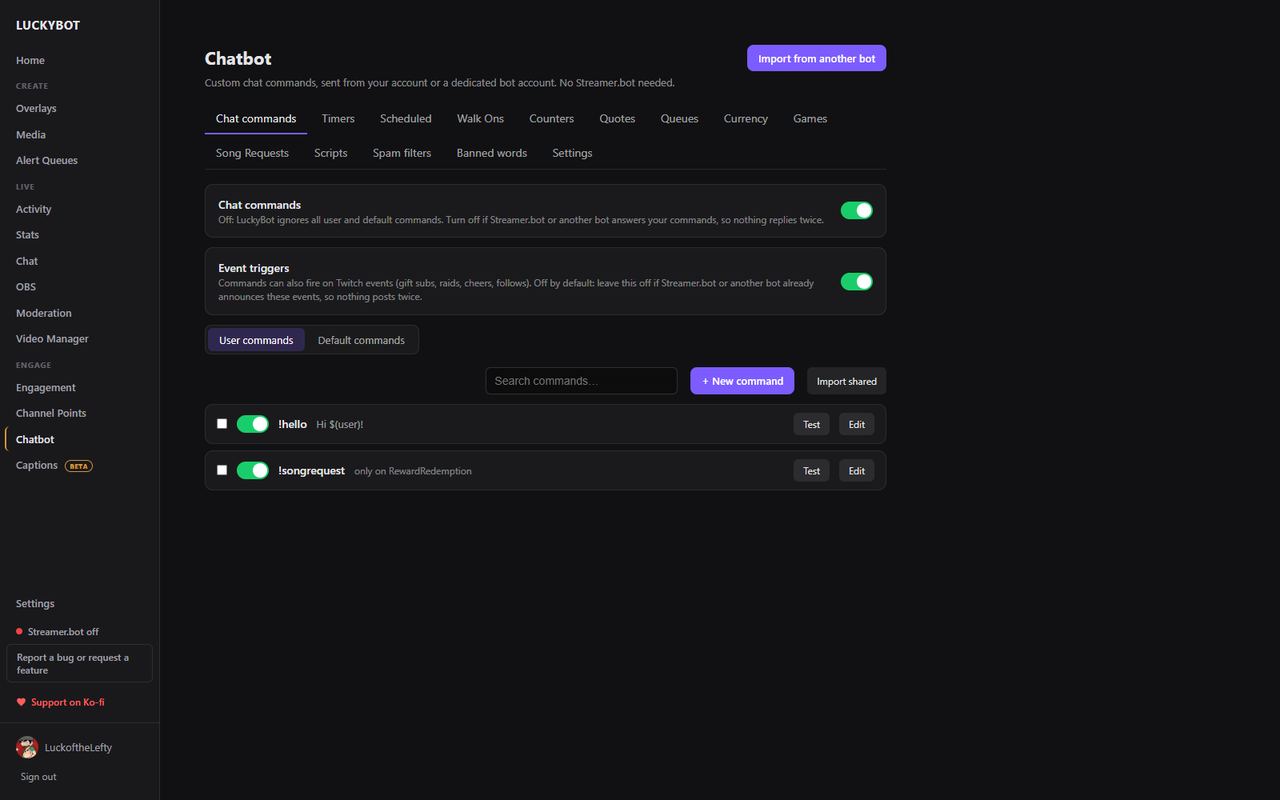 The chatbot commands page